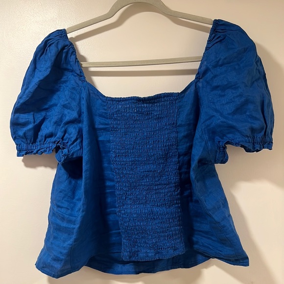 H&M Blue Linen Smocked Puff Sleeve Top- 100% Linen - Picture 3 of 5